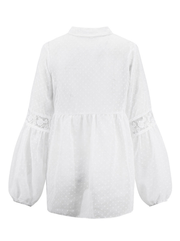 Retro Lace Women's Chiffon Balloon Sleeve Sexy See-Thru Top