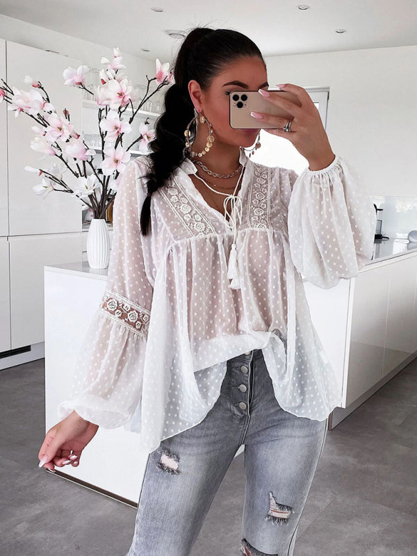 Retro Lace Women's Chiffon Balloon Sleeve Sexy See-Thru Top