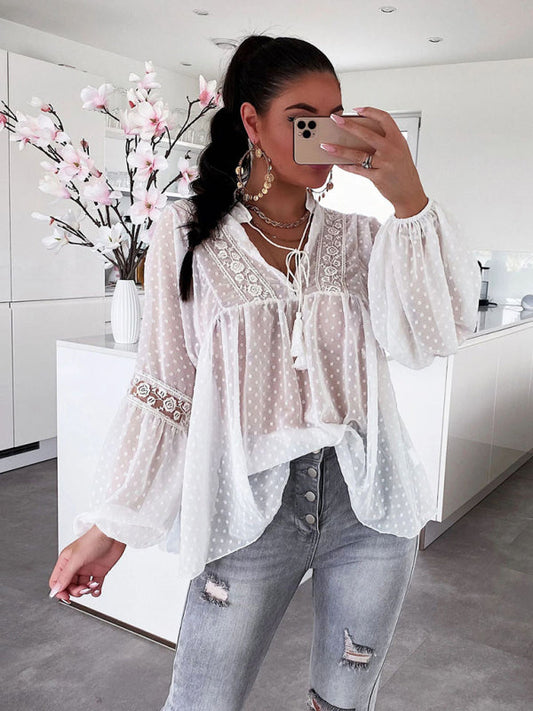 Retro Lace Women's Chiffon Balloon Sleeve Sexy See-Thru Top