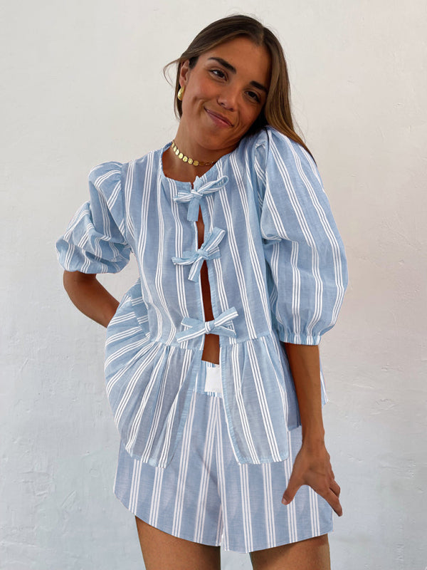 Vintage Style Modern Striped Mid-sleeve Bow Tie Front Top
