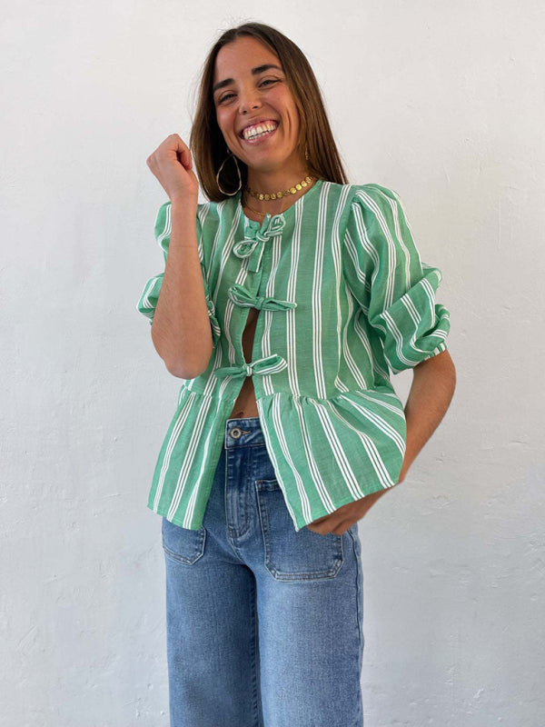 Vintage Style Modern Striped Mid-sleeve Bow Tie Front Top