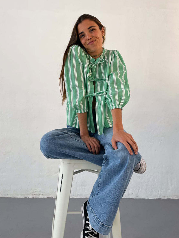 Vintage Style Modern Striped Mid-sleeve Bow Tie Front Top