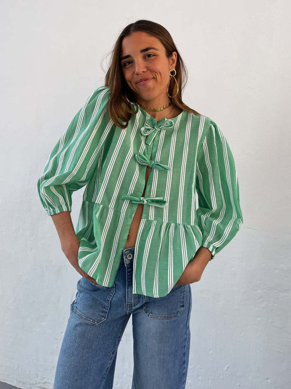 Vintage Style Modern Striped Mid-sleeve Bow Tie Front Top