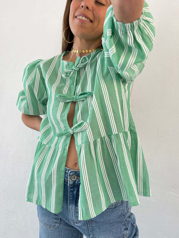 Vintage Style Modern Striped Mid-sleeve Bow Tie Front Top