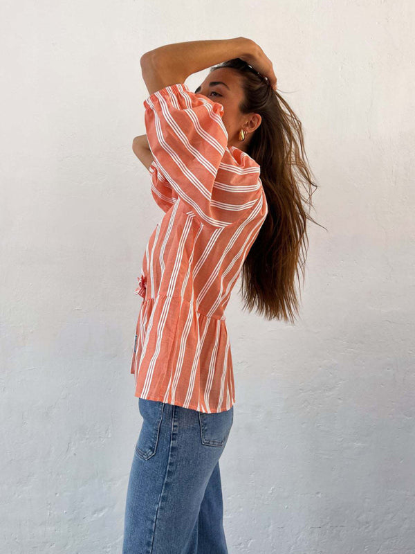 Vintage Style Modern Striped Mid-sleeve Bow Tie Front Top