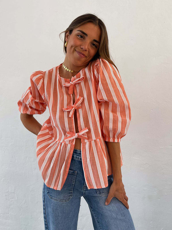 Vintage Style Modern Striped Mid-sleeve Bow Tie Front Top