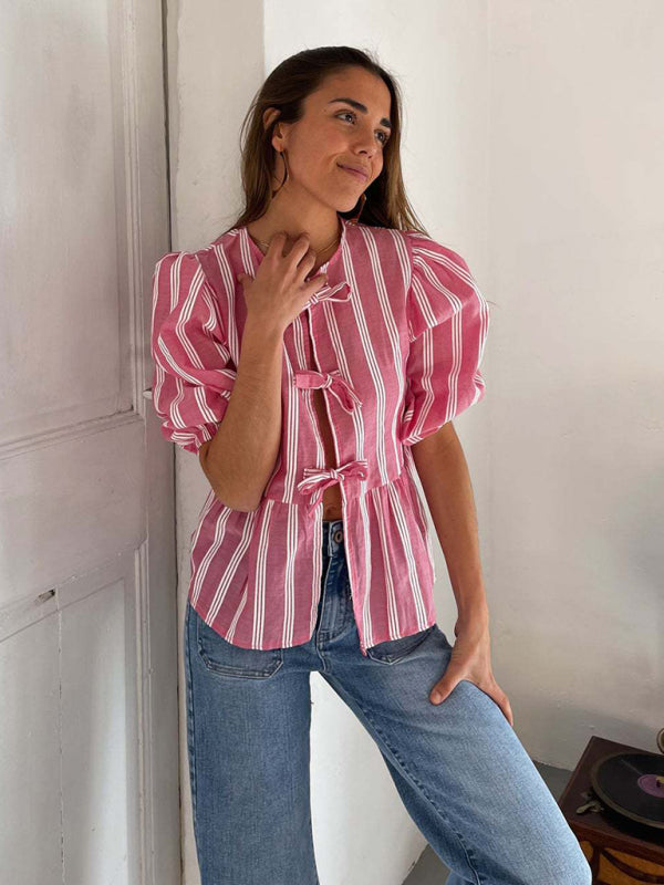 Vintage Style Modern Striped Mid-sleeve Bow Tie Front Top