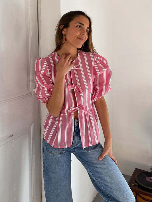 Vintage Style Modern Striped Mid-sleeve Bow Tie Front Top