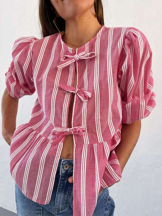Vintage Style Modern Striped Mid-sleeve Bow Tie Front Top