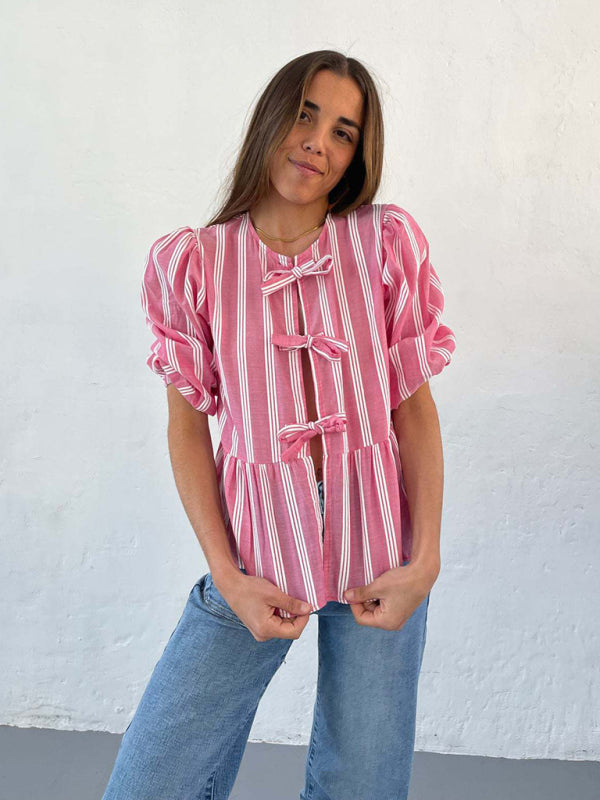 Vintage Style Modern Striped Mid-sleeve Bow Tie Front Top