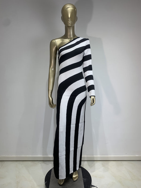 70's Style Zebra Print One Shoulder Long Sleeve Bare Leg Bandage Dress