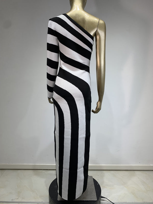 70's Style Zebra Print One Shoulder Long Sleeve Bare Leg Bandage Dress
