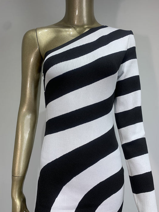 70's Style Zebra Print One Shoulder Long Sleeve Bare Leg Bandage Dress
