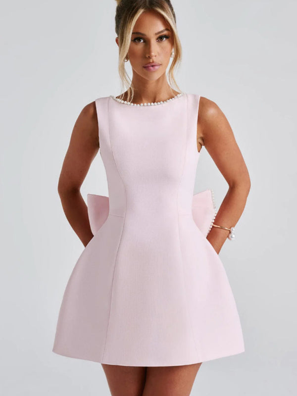 Classic Design Women's Pearl Bow Backless A-Line Mini Dress