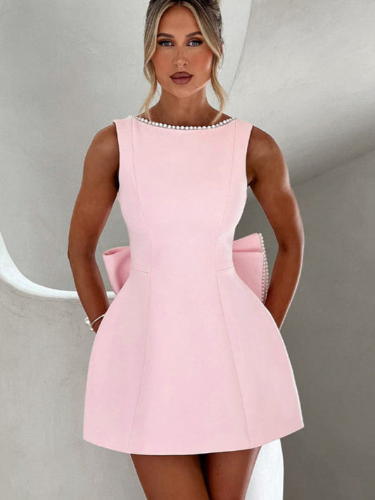 Classic Design Women's Pearl Bow Backless A-Line Mini Dress
