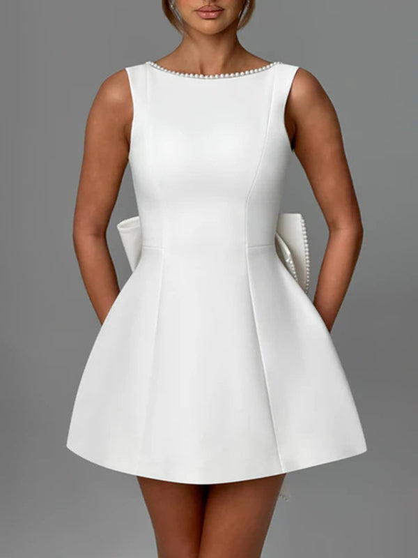 Classic Design Women's Pearl Bow Backless A-Line Mini Dress