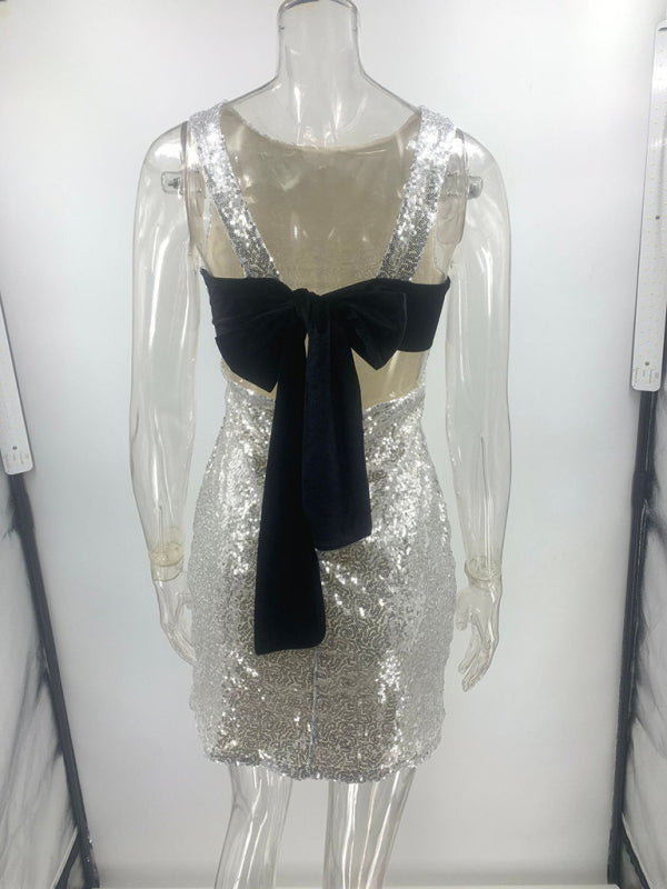 Retro Glam Fitted Backless Bow Sequin Mini Dress