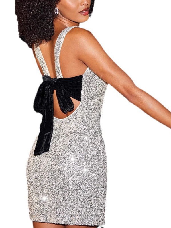 Retro Glam Fitted Backless Bow Sequin Mini Dress