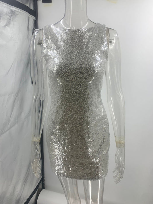 Retro Glam Fitted Backless Bow Sequin Mini Dress