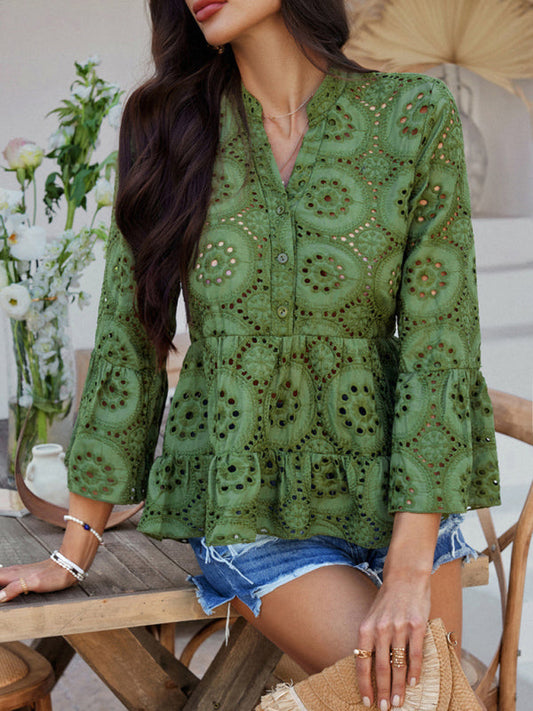 Boho Style Print Lace 3/4 Sleeve Ladies Top