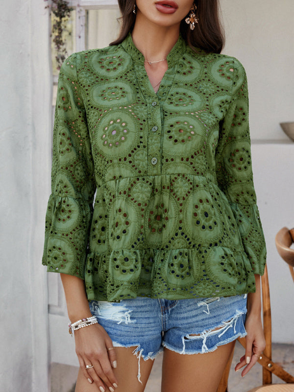 Boho Style Print Lace 3/4 Sleeve Ladies Top