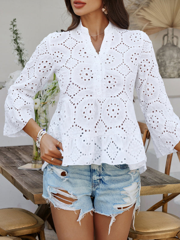 Boho Style Print Lace 3/4 Sleeve Ladies Top