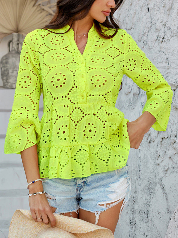Boho Style Print Lace 3/4 Sleeve Ladies Top