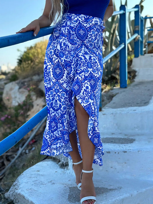 Retro-Glam Paisley Print Slinky Vacation Hi-Lo Skirt