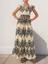Modern style holiday style printed dress ethnic casual V-neck high waist flying sleeve long dress