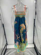 Modern holiday swing graffiti cotton and linen sleeveless suspender dress