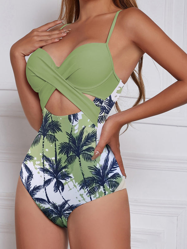 Women's High Waist One-Piece Swimsuit - Maple Leaf Print