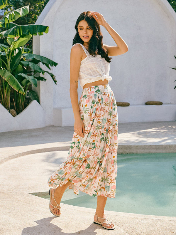 Vintage Style Coconut Tree Print Bohemian Beach Style Skirt