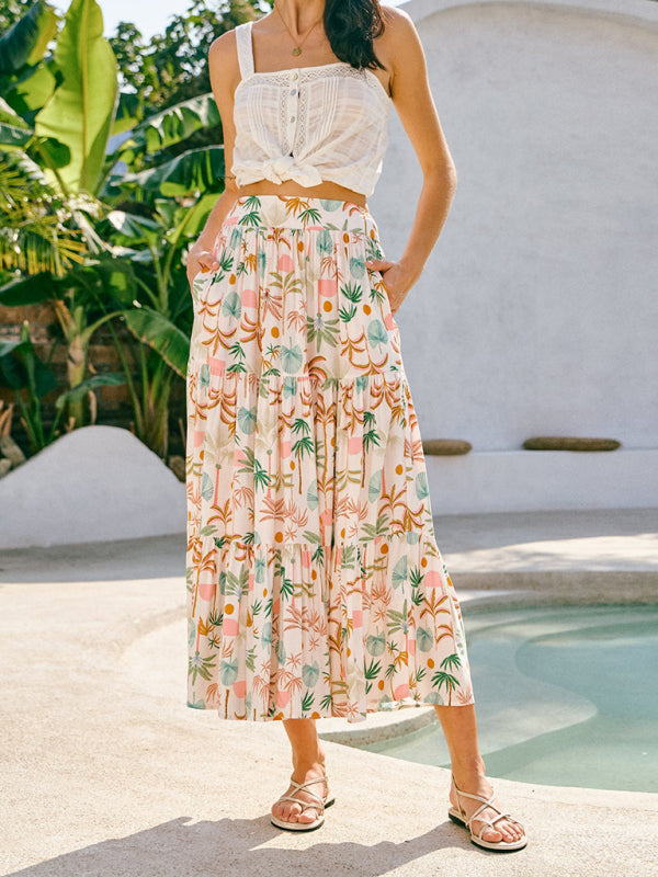 Vintage Style Coconut Tree Print Bohemian Beach Style Skirt