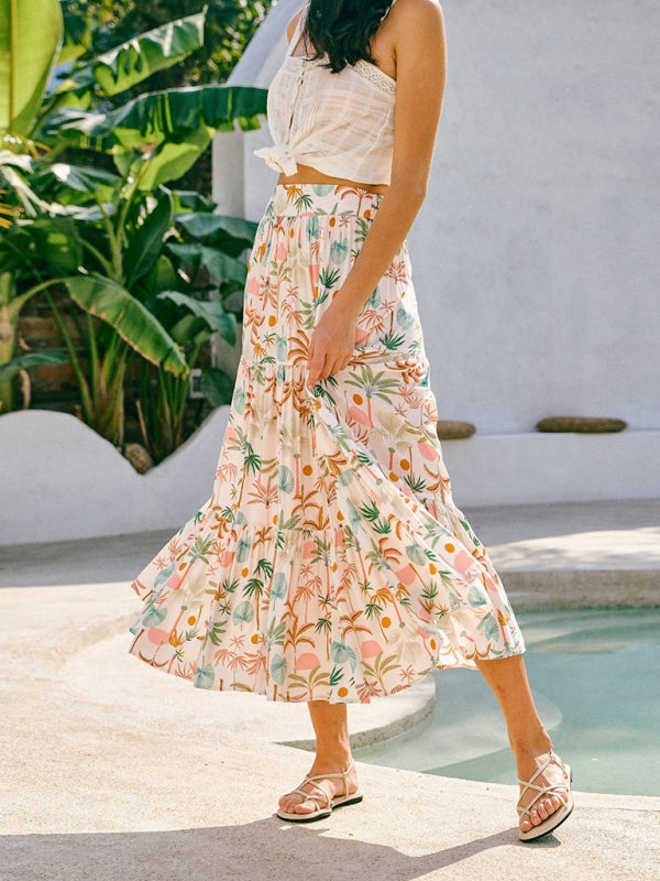 Vintage Style Coconut Tree Print Bohemian Beach Style Skirt
