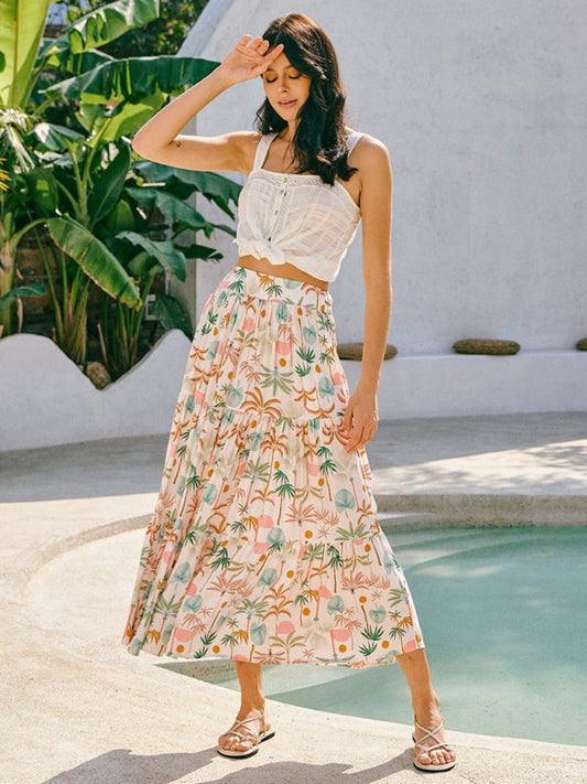 Vintage Style Coconut Tree Print Bohemian Beach Style Skirt