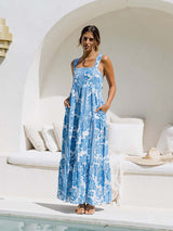 Blue floral print bohemian holiday beach dress loose suspender dress