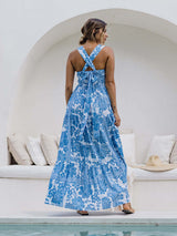 Blue floral print bohemian holiday beach dress loose suspender dress