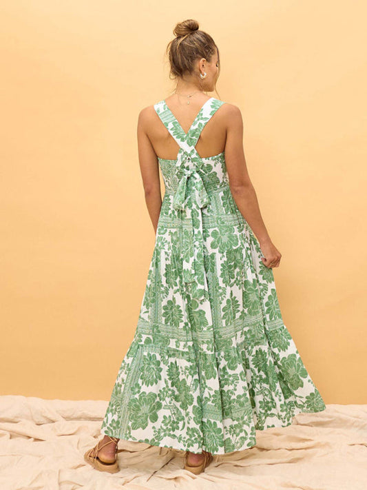 Green floral print bohemian holiday beach dress loose suspender dress
