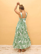 Green floral print bohemian holiday beach dress loose suspender dress