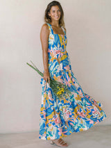 Blue and pink floral print bohemian holiday style beach dress loose suspender dress