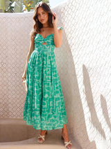 Green graphic print seaside vacation sexy hot girl suspender dress