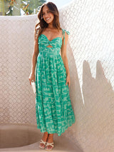 Green graphic print seaside vacation sexy hot girl suspender dress
