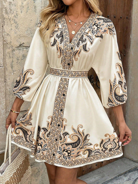 Vintage Style Boho Print V-Neck Three-Quarter Sleeve Tie-Waist Mini Dress