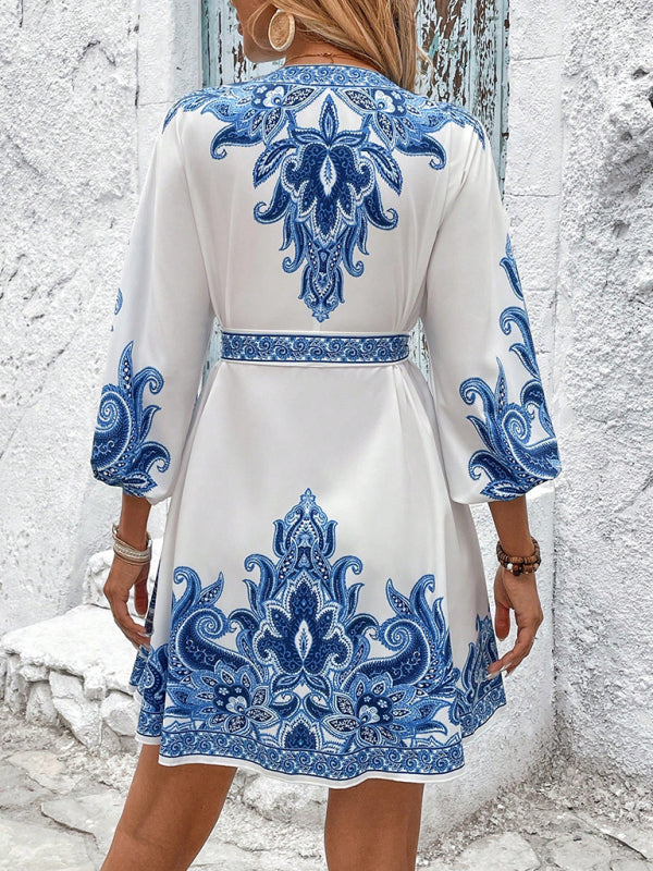 Vintage Style Boho Print V-Neck Three-Quarter Sleeve Tie-Waist Mini Dress