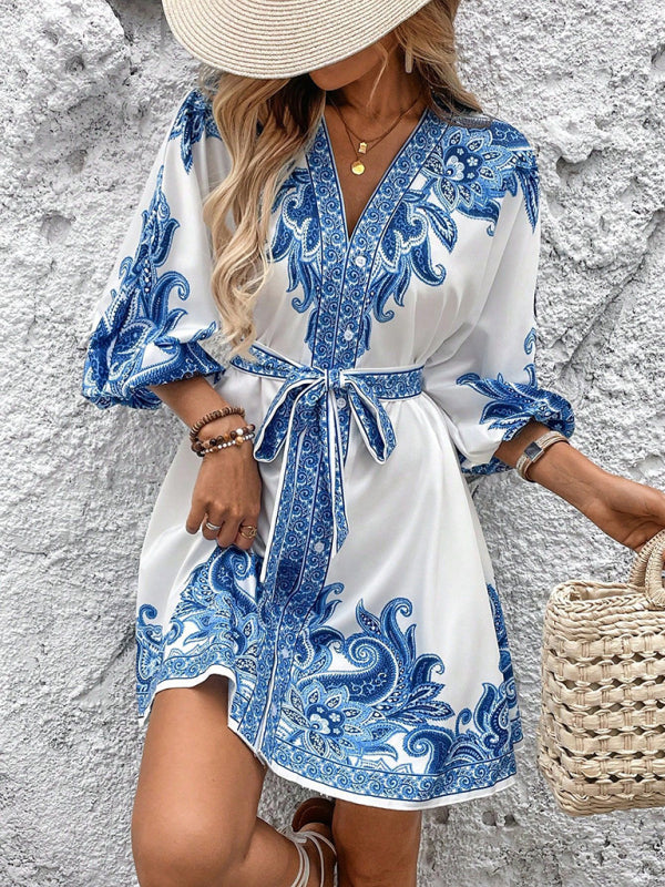 Vintage Style Boho Print V-Neck Three-Quarter Sleeve Tie-Waist Mini Dress