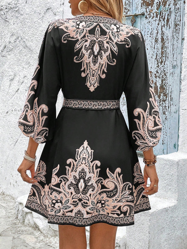 Vintage Style Boho Print V-Neck Three-Quarter Sleeve Tie-Waist Mini Dress