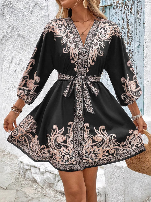 Vintage Style Boho Print V-Neck Three-Quarter Sleeve Tie-Waist Mini Dress