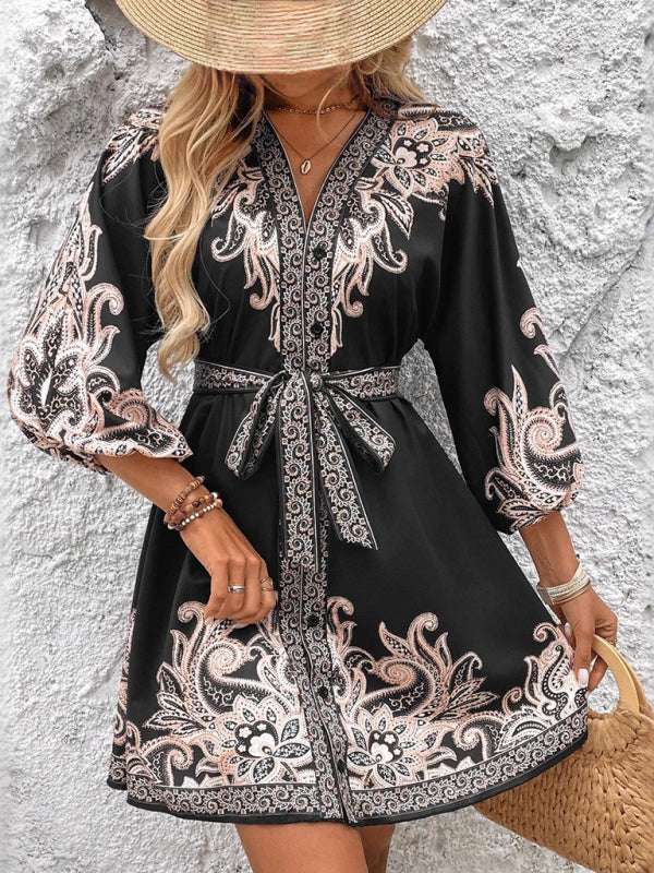 Vintage Style Boho Print V-Neck Three-Quarter Sleeve Tie-Waist Mini Dress