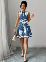 Women's Fashion Printed Waist Tie Sleeveless Dress