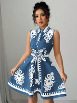 Women's Fashion Printed Waist Tie Sleeveless Dress